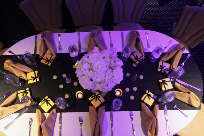 Overhead wedding table with favors
